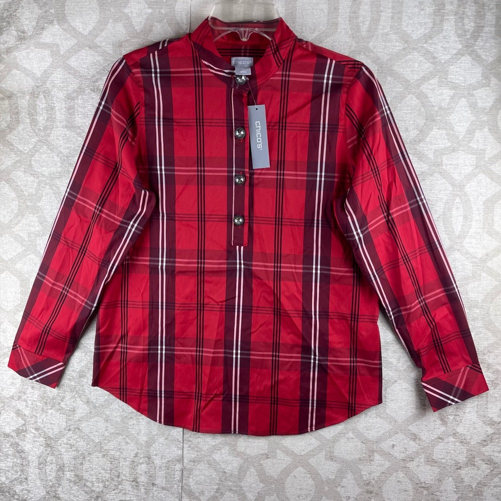 Chico's Novelty Plaid Top Women 0 Small Red NWT Crystal Button Shirt Cotton